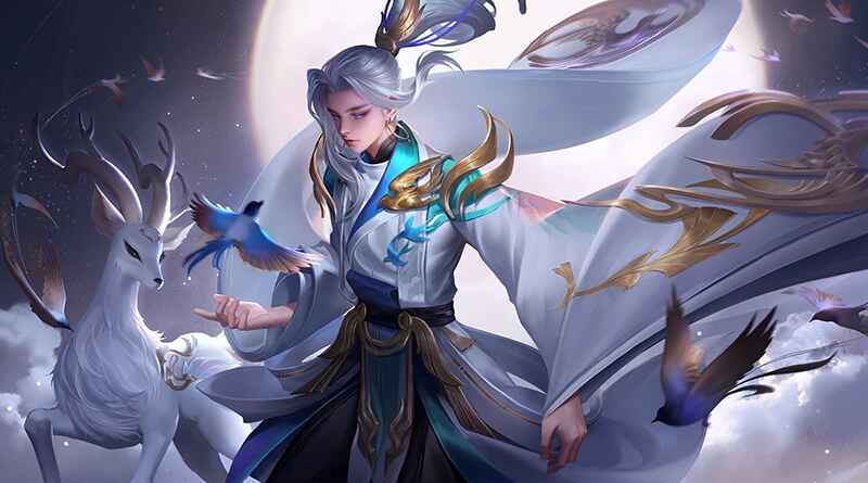 Cirrus, hero assassin/fighter Honor of Kings, dalam aksi ultimate Cloud Descending dengan efek visual bayangan dan angin di medan perang.