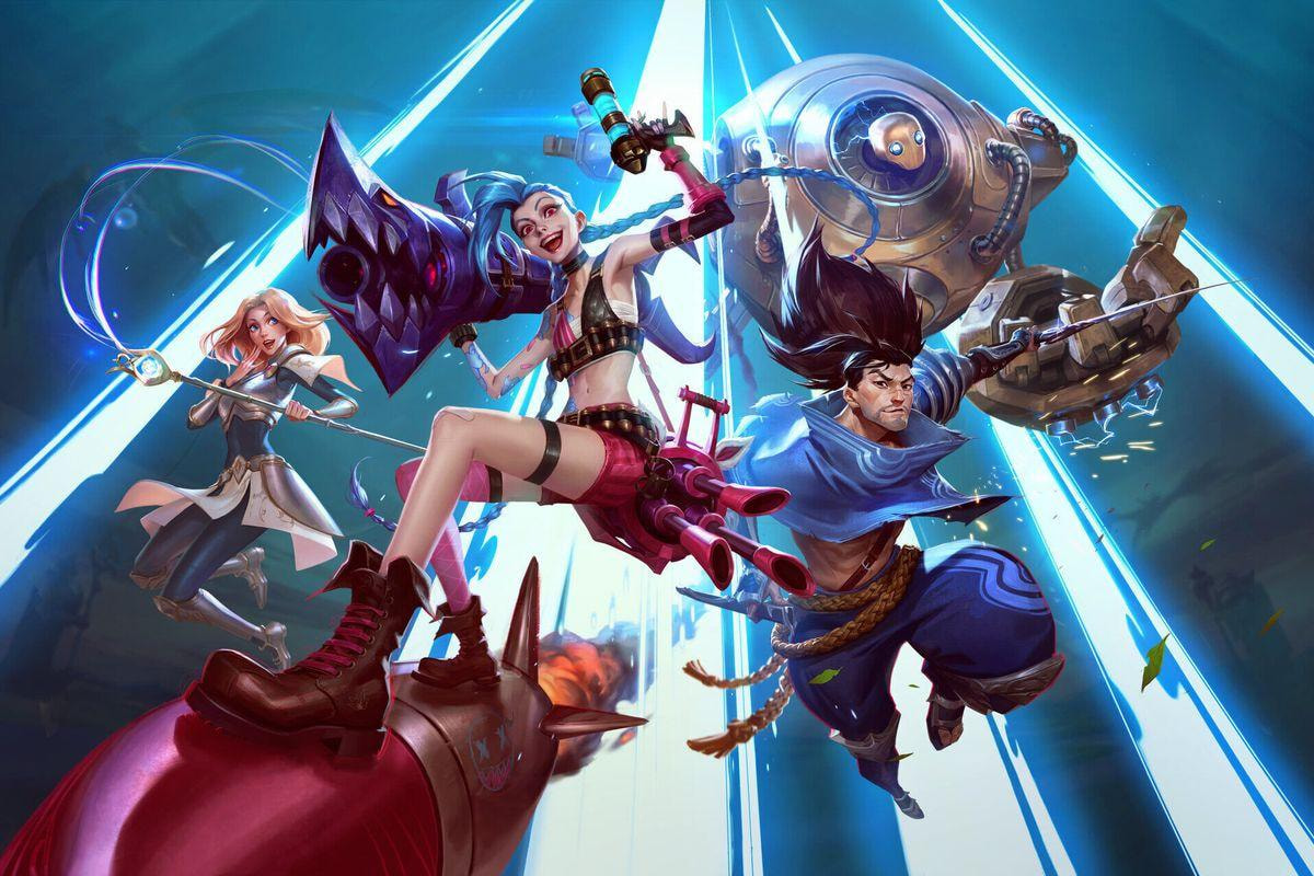 Ilustrasi gameplay League of Legends Wild Rift dengan champion sedang bertarung di lane dan tampilan item build pada layar