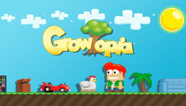 Dunia virtual Growtopia dalam sandbox 2D dengan blok-blok kreatif, pohon sumber daya, dan komunitas pemain yang aktif