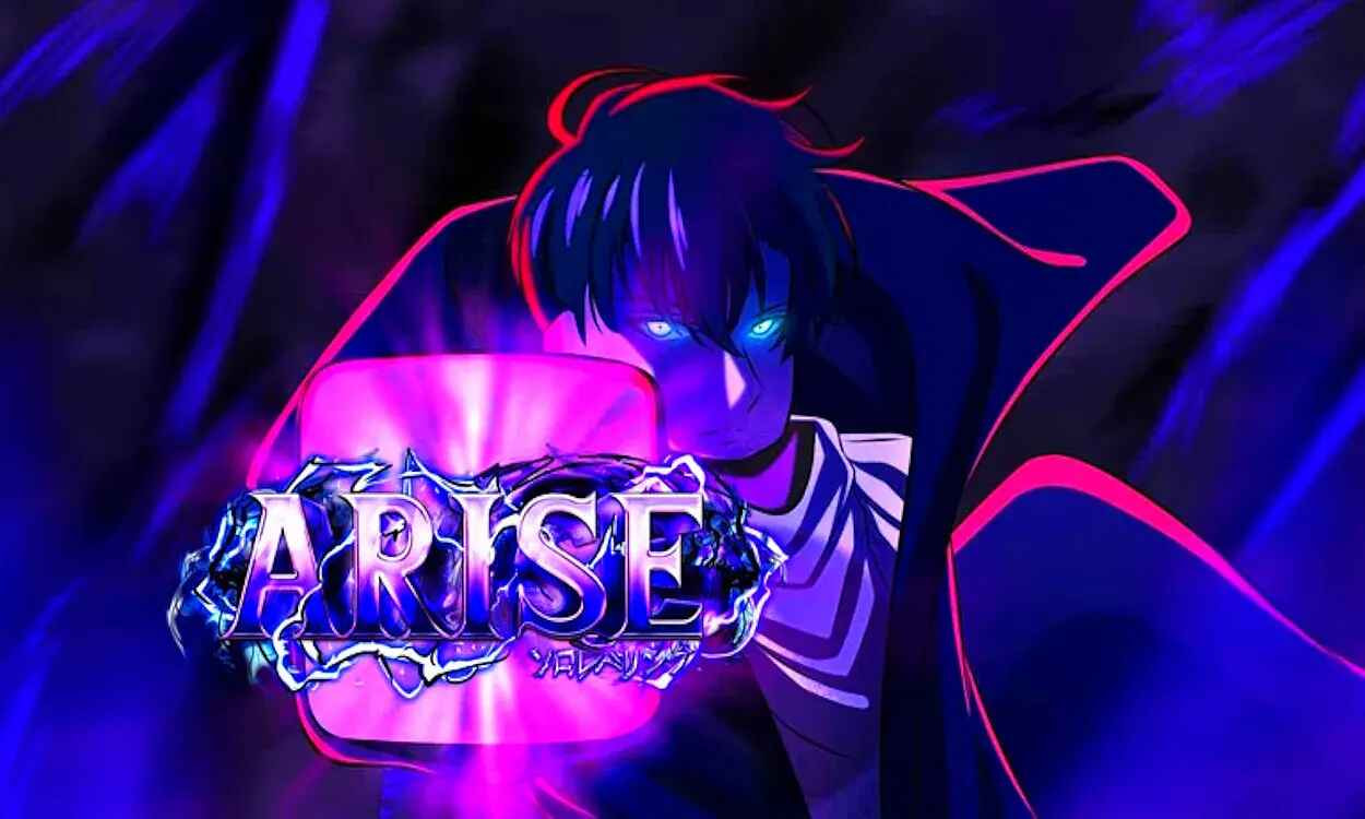 Ilustrasi karakter crossover bertarung di dunia Arise Crossover Roblox dengan latar arena dan efek skill menyala, menggambarkan gameplay aksi real-time.