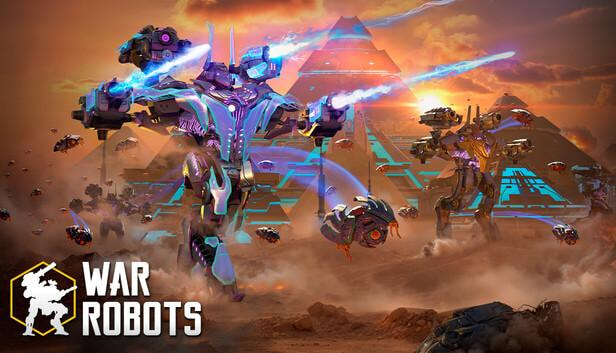 Robot tempur futuristik dari game War Robots sedang bertarung di medan perang Mars