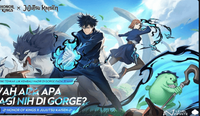 Gambar kolaborasi Honor of Kings x Jujutsu Kaisen Part 2 menampilkan Nobara Kugisaki dan Megumi Fushiguro dengan skin eksklusif di medan pertempuran.