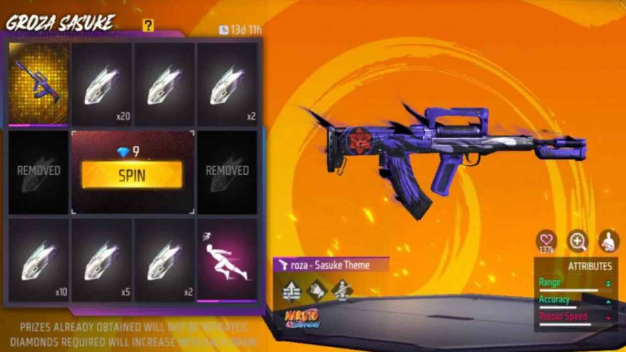 Tampilan keren Skin Groza Sasuke di Free Fire dengan desain terinspirasi karakter Sasuke Uchiha dari Naruto