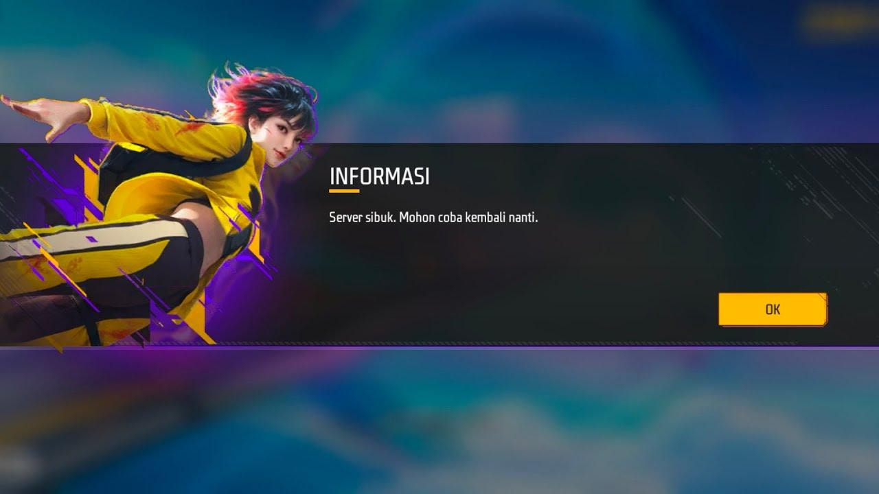 Ilustrasi pemain Free Fire mengalami server sibuk saat login di ponsel dengan latar event besar dan notifikasi error