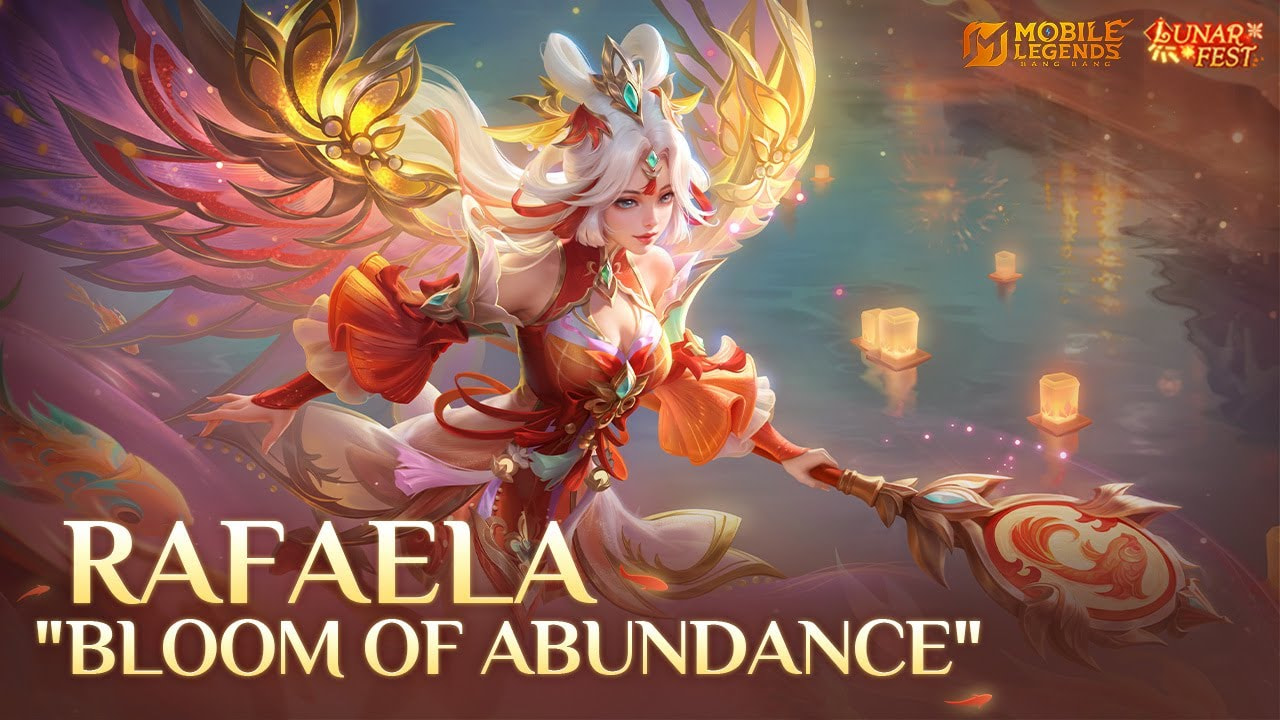 Skin Rafaela Bloom of Abundance Mobile Legends Lunar Fest 2025 dengan desain elegan dan efek visual bunga mekar.