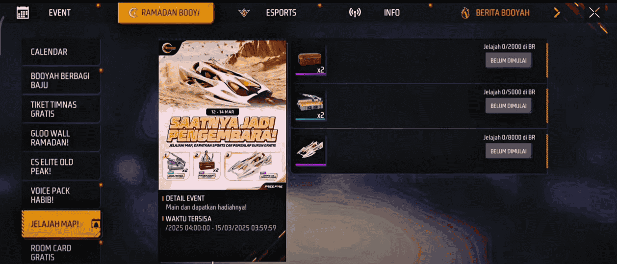 Tampilan event Jelajahi Map di Free Fire untuk mendapatkan Skin Sports Car Pembalap Gurun