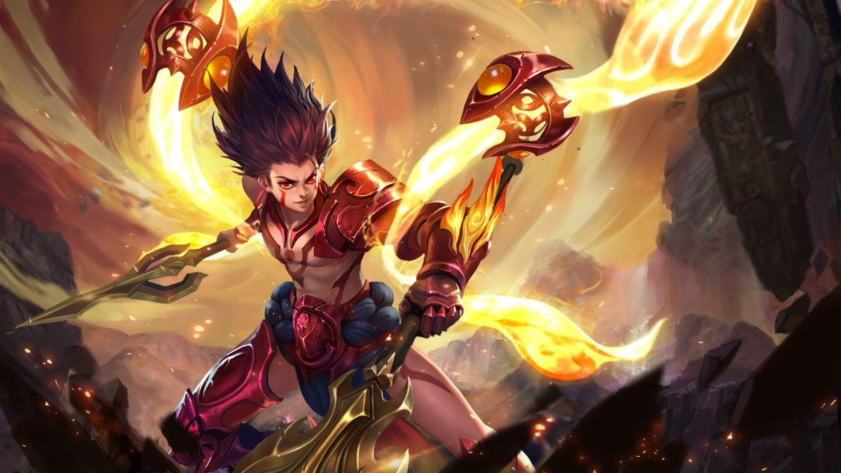 Nezha Honor of Kings sedang meluncur dengan ultimate Skyfall untuk mengunci hero musuh di tengah teamfight