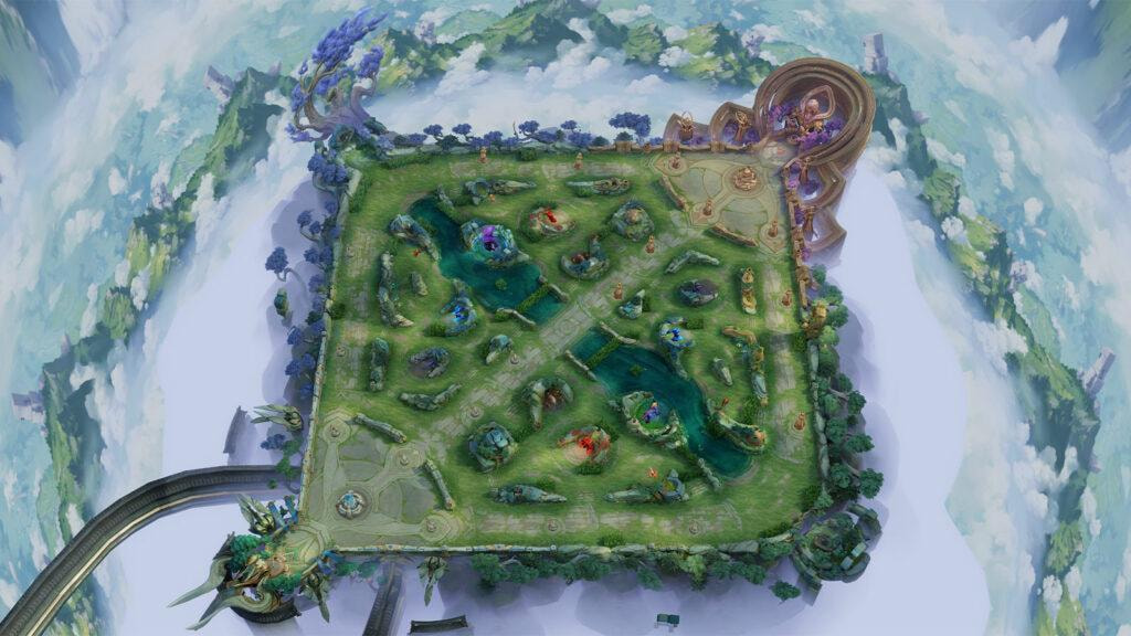 Peta Hero’s Gorge di Honor of Kings dengan highlight jalur utama, jungle, dan posisi objektif penting untuk strategi rotasi dan kontrol map.