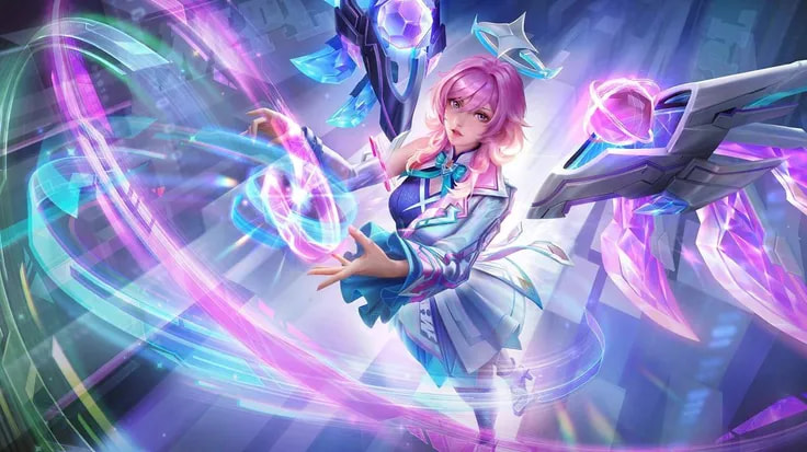 Tampilan skin Lunox Quantum Polarity Mobile Legends dengan efek visual biru neon dan tema futuristik bergaya sci-fi