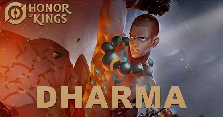 Ilustrasi hero Dharma dari Honor of Kings sedang menggunakan skill ultimate Garda Dharma Abadi di tengah pertempuran tim