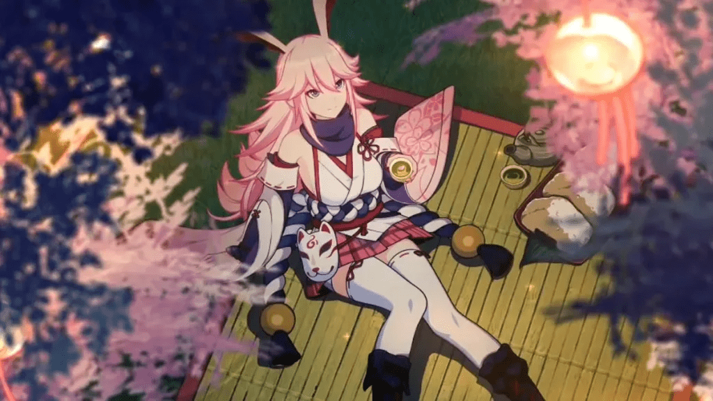 Ilustrasi karakter Yae Sakura dalam gaya anime, dengan latar bertema luar angkasa dari game Honkai: Star Rail, menggambarkan rumor kemunculannya di event anniversary mendatang.