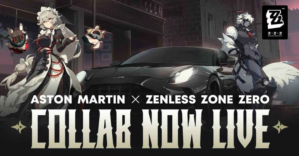 Ilustrasi kolaborasi Zenless Zone Zero dan Aston Martin, menampilkan karakter game bergaya urban futuristik di samping mobil sport Aston Martin DB11 dalam latar kota neon cyberpunk.