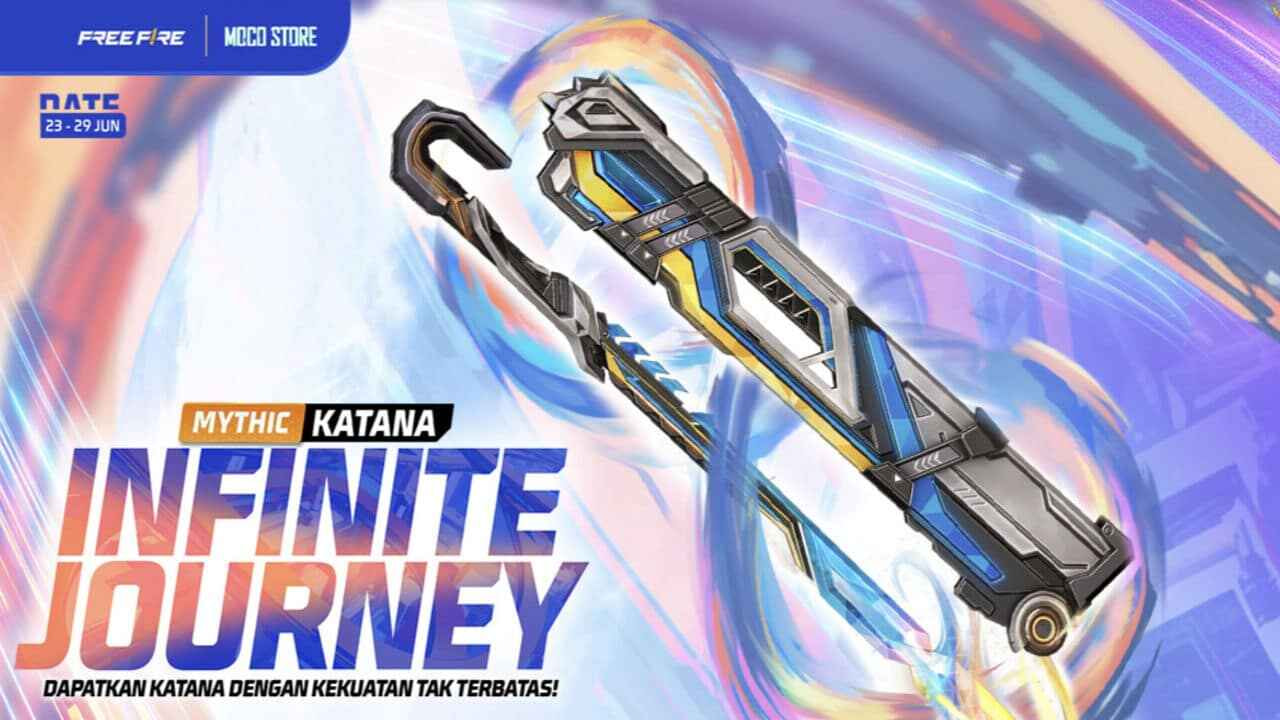 Tampilan skin Katana Infinity Free Fire dengan efek neon ungu dan biru menyala, bisa digunakan di lobby saat perayaan 8th Anniversary Free Fire 2025.