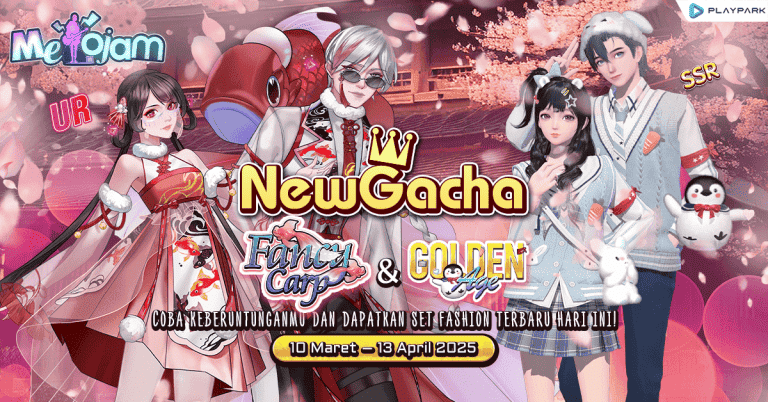 Gambar event Gacha Fancy Carp & Golden Age menampilkan kostum ikan koi elegan dan mahkota emas mewah sebagai hadiah eksklusif.