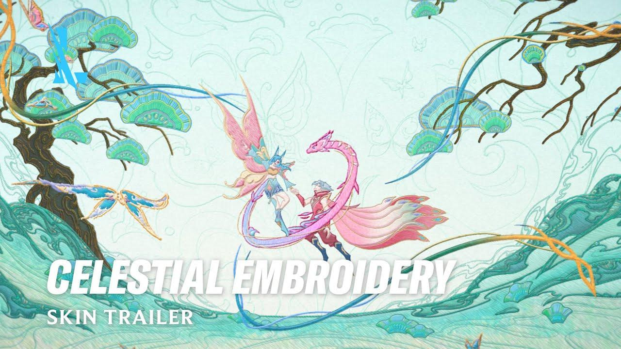 Champion Lux, Jhin, dan Ezreal menggunakan skin Celestial Embroidery di League of Legends Wild Rift dengan desain elegan, bordir bintang, dan efek kosmik yang memukau.
