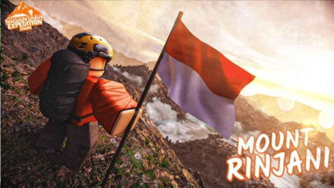 Tampilan map gunung di Roblox dengan pemandangan pegunungan bersalju dan avatar pemain sedang mendaki, menggambarkan suasana petualangan seru dan penuh tantangan.