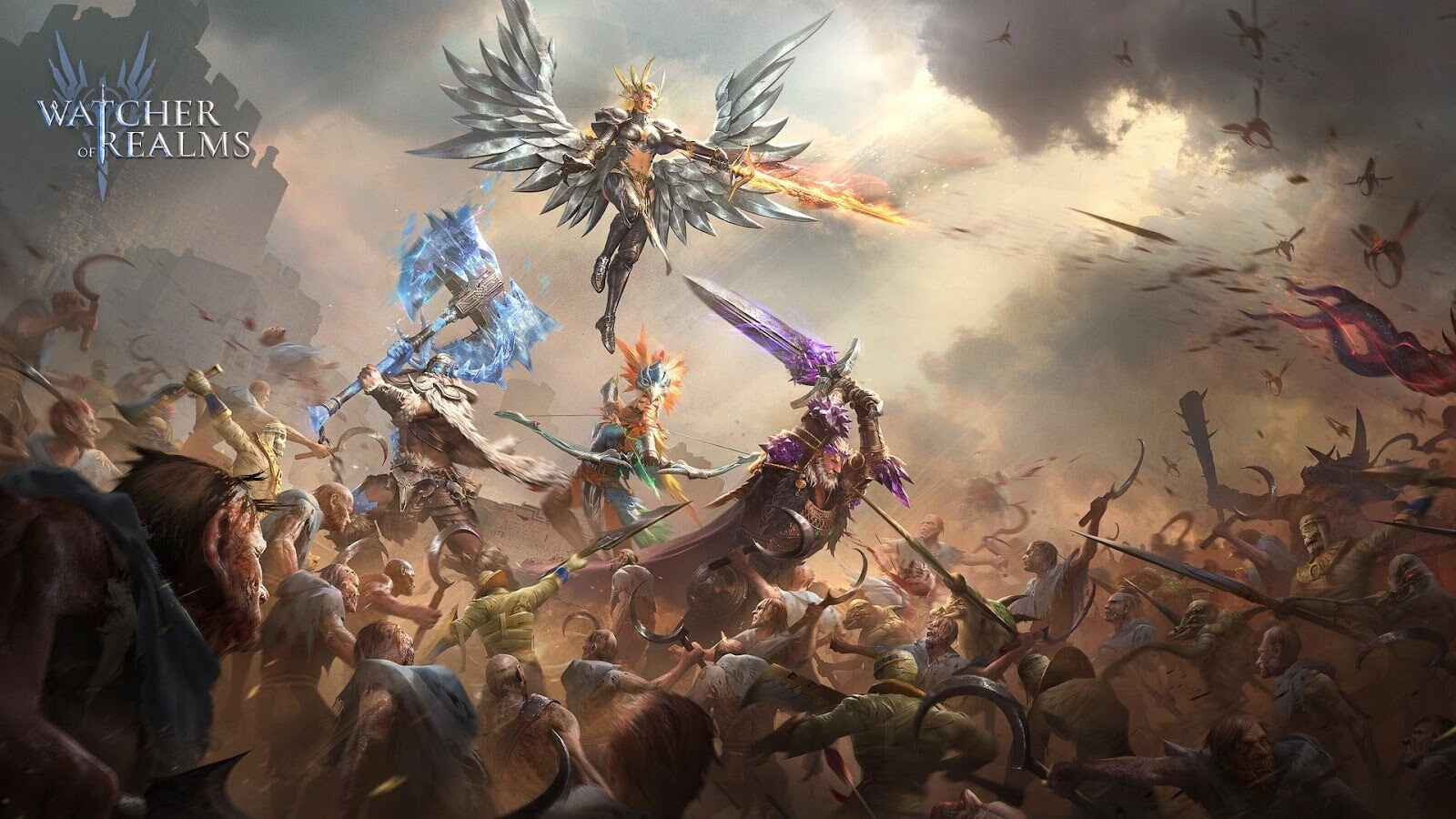 hero epik dan pertarungan strategis dalam Watcher of Realms, game RPG tower defense dengan elemen taktik mendalam dan visual sinematik