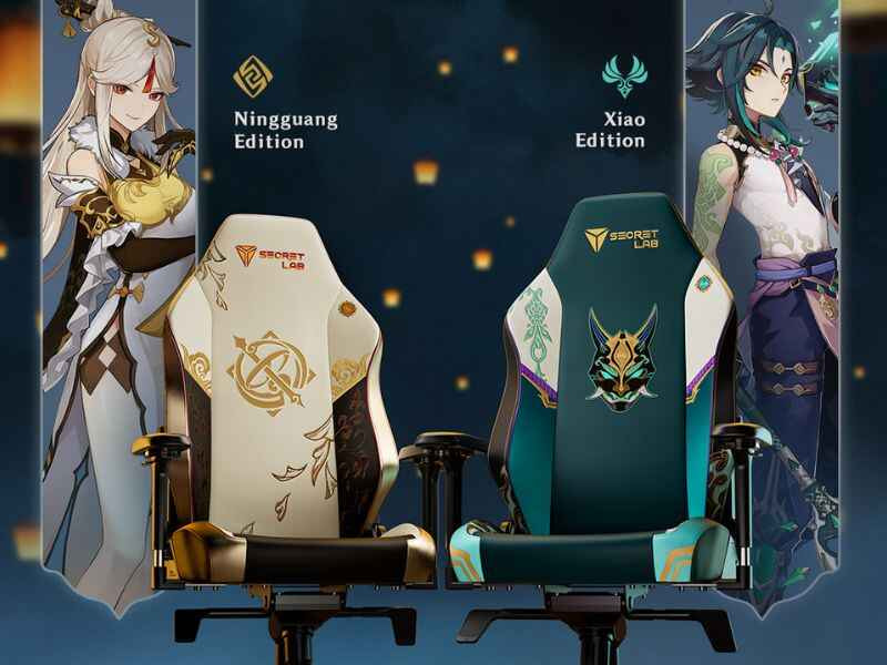 Kursi gaming Secretlab Genshin Impact Li Yue Collection dengan desain warna emas dan hitam elegan, menampilkan logo Genshin Impact dan pola khas Liyue.