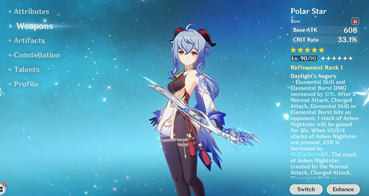 Karakter Ganyu memegang senjata Polar Star, senjata Bow bintang 5 dengan efek CRIT Rate tinggi dan peningkatan ATK yang besar, cocok untuk meningkatkan damage Elemental Skill dan Elemental Burst di Genshin Impact.