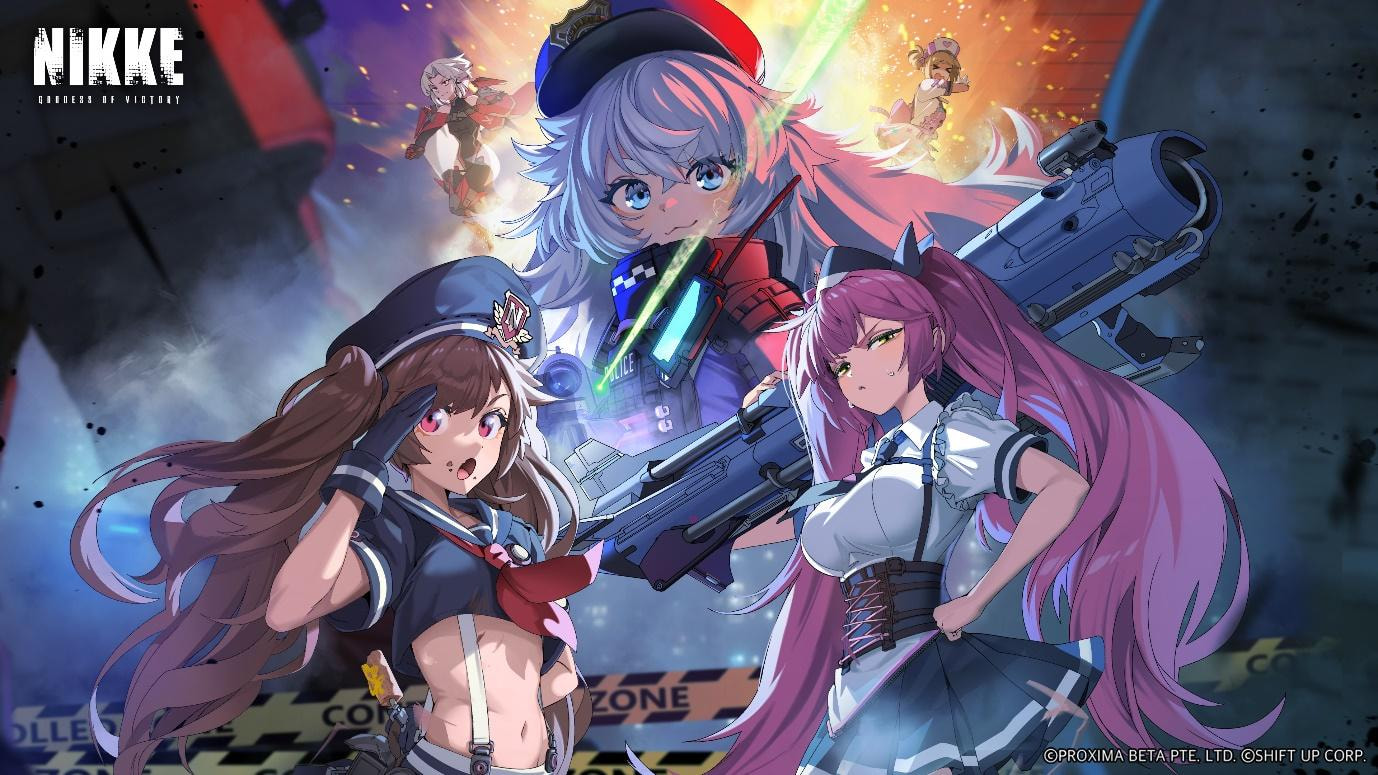 Goddess of Victory: Nikke menampilkan formasi tim lima Nikkes dalam pertempuran shooter taktis dengan visual anime futuristik dan efek skill Burst yang spektakuler.