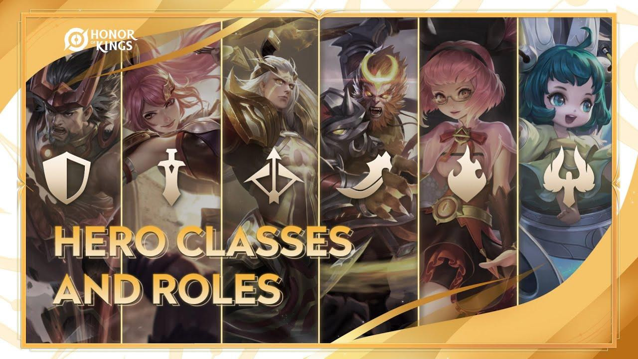 Ilustrasi hero Honor of Kings dari berbagai class seperti Assassin, Warrior, Mage, Marksman, Tank, dan Support dalam gaya pertarungan epik di medan tempur 5v5