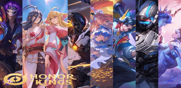 lustrasi berbagai tingkatan skin hero Honor of Kings: Klasik, Rare, Epic, dan Mythic dengan efek visual menarik.