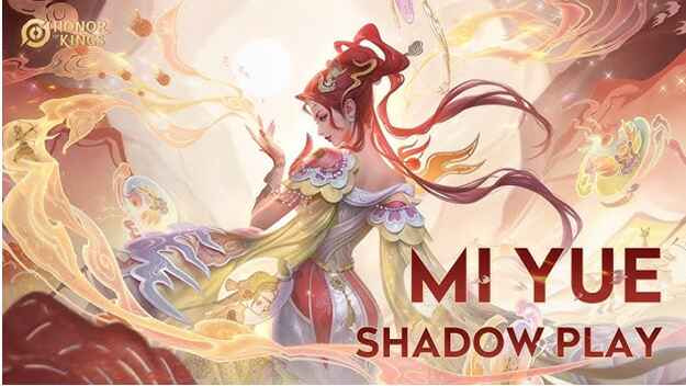 Mi Yue Shadow Play skin dengan desain gelap dan misterius, menampilkan Mi Yue yang memancarkan aura kekuatan bayangan, lengkap dengan efek visual dramatis dan animasi yang menakjubkan.