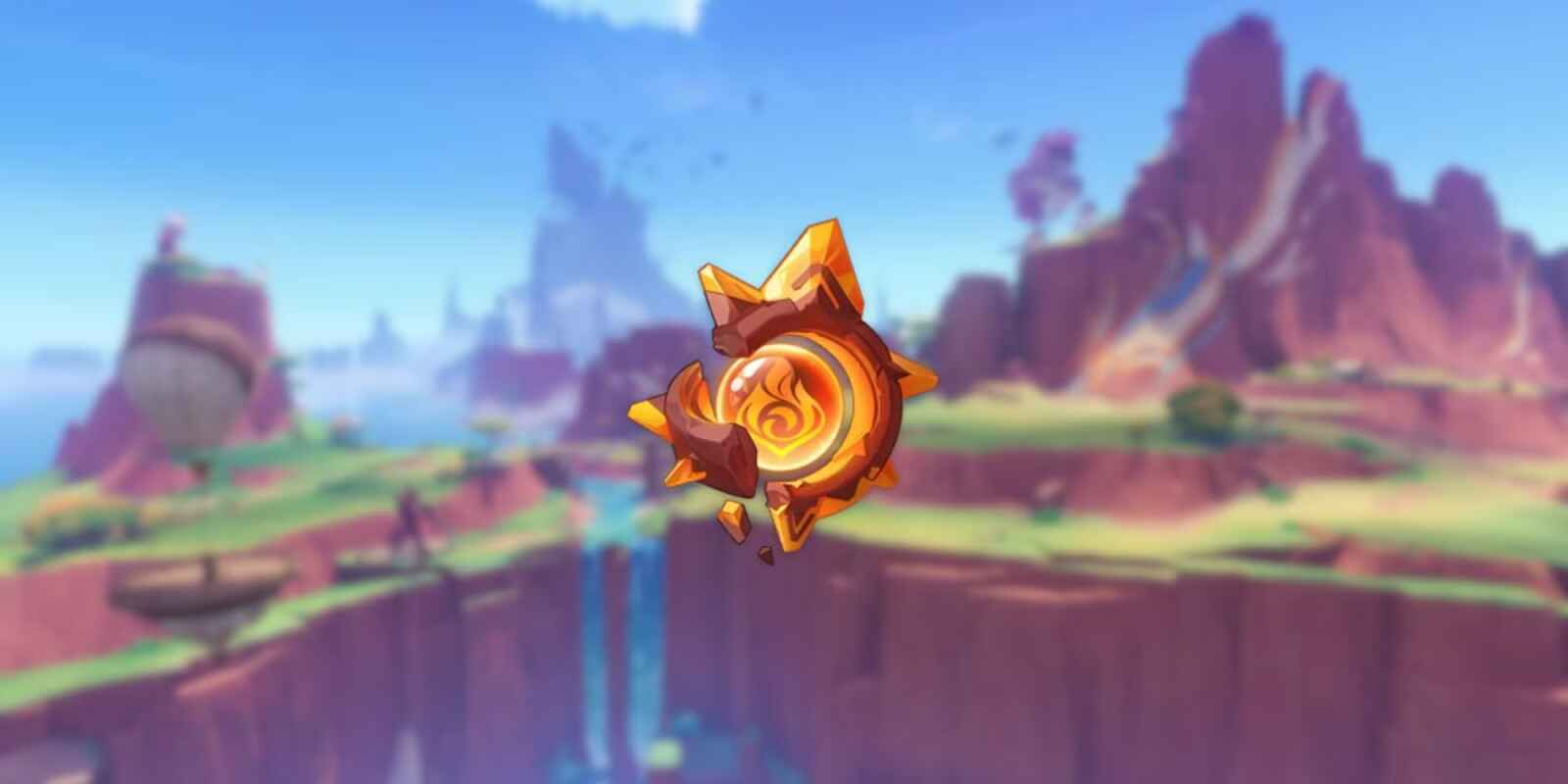 Quahuacan Cliff di Genshin Impact dengan latar pegunungan dan lava, menampilkan posisi collectible Pyroculus tersembunyi
