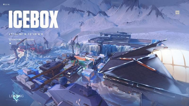 Tampilan map Icebox di Valorant dengan struktur vertikal dan area taktis yang kompleks, menampilkan area site A dan B dari sudut pandang strategis.