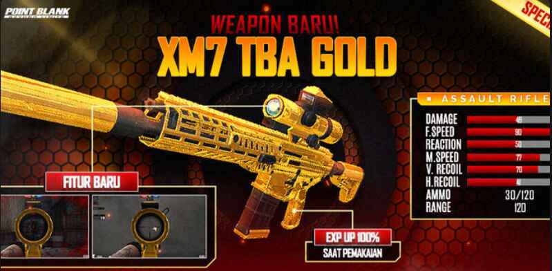 XM7 TBA Gold Point Blank, senjata premium dengan desain emas yang elegan dan akurasi tinggi. Cocok untuk pemain yang ingin tampil dominan di medan pertempuran.
