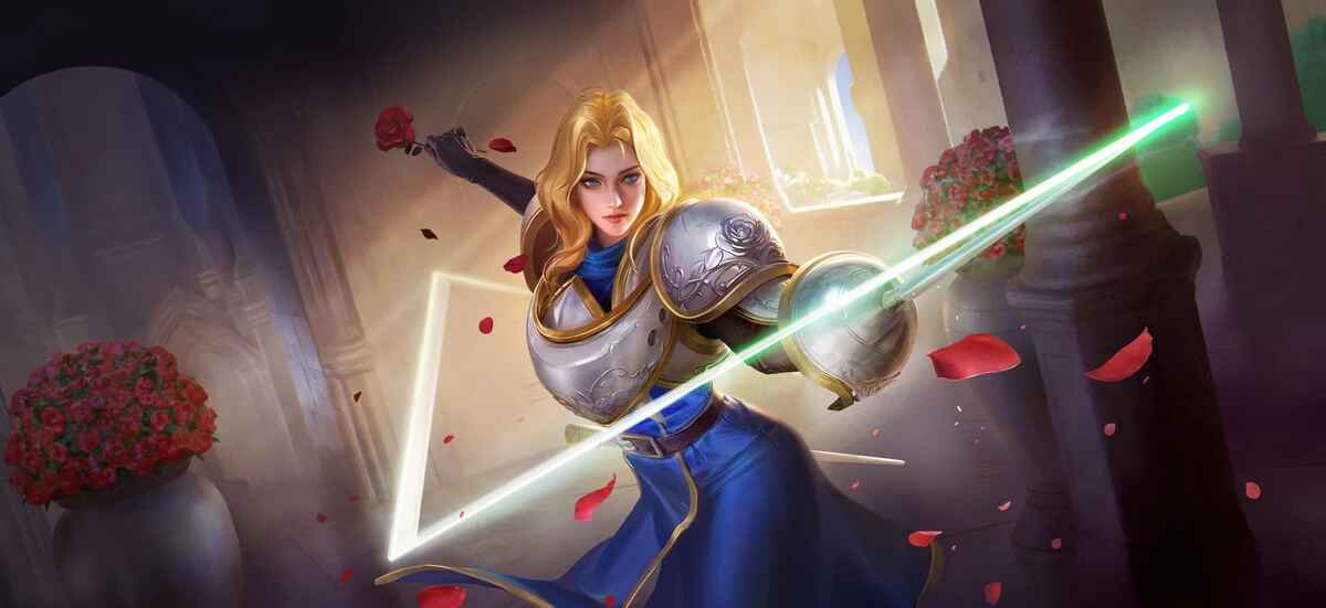 Charlotte Honor of Kings – Hero Fighter anggun dengan pedang cahaya sedang menyerang musuh dalam efek bintang tujuh di Clash Lane