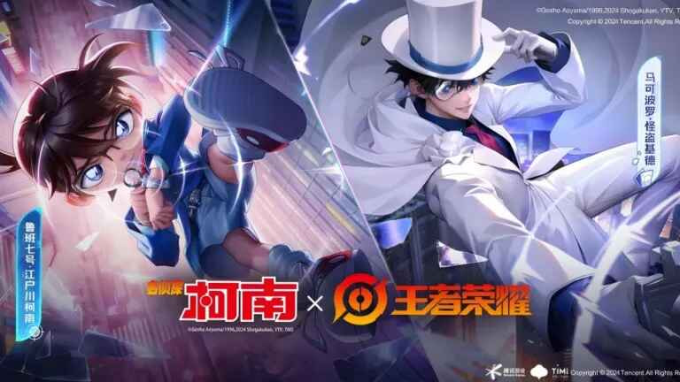 lustrasi kolaborasi Honor of Kings x Detective Conan menampilkan Conan Edogawa berdiri di depan Marco Polo yang mengenakan skin Kaito Kid lengkap dengan jas putih dan topi tinggi, berlatar suasana penuh misteri dan simbol khas Detective Conan.