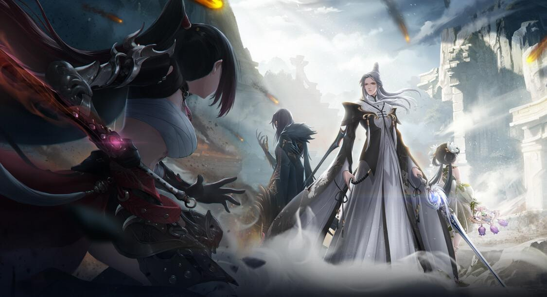 Ilustrasi enam karakter kelas utama dalam Revelation: Infinite Journey dengan latar dunia fantasi epik.
