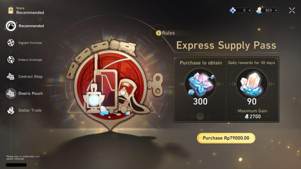 Express Supply Pass Honkai Star Rail - Dapatkan 2700 Stellar Jade dan Oneiric Shard untuk meningkatkan pengalaman bermain dan peluang gacha dalam 30 hari.