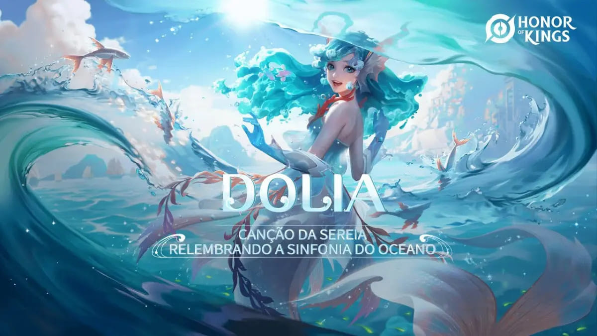 Ilustrasi hero Dolia di Honor of Kings dengan aura penyembuhan dan efek skill support dalam pertarungan tim.