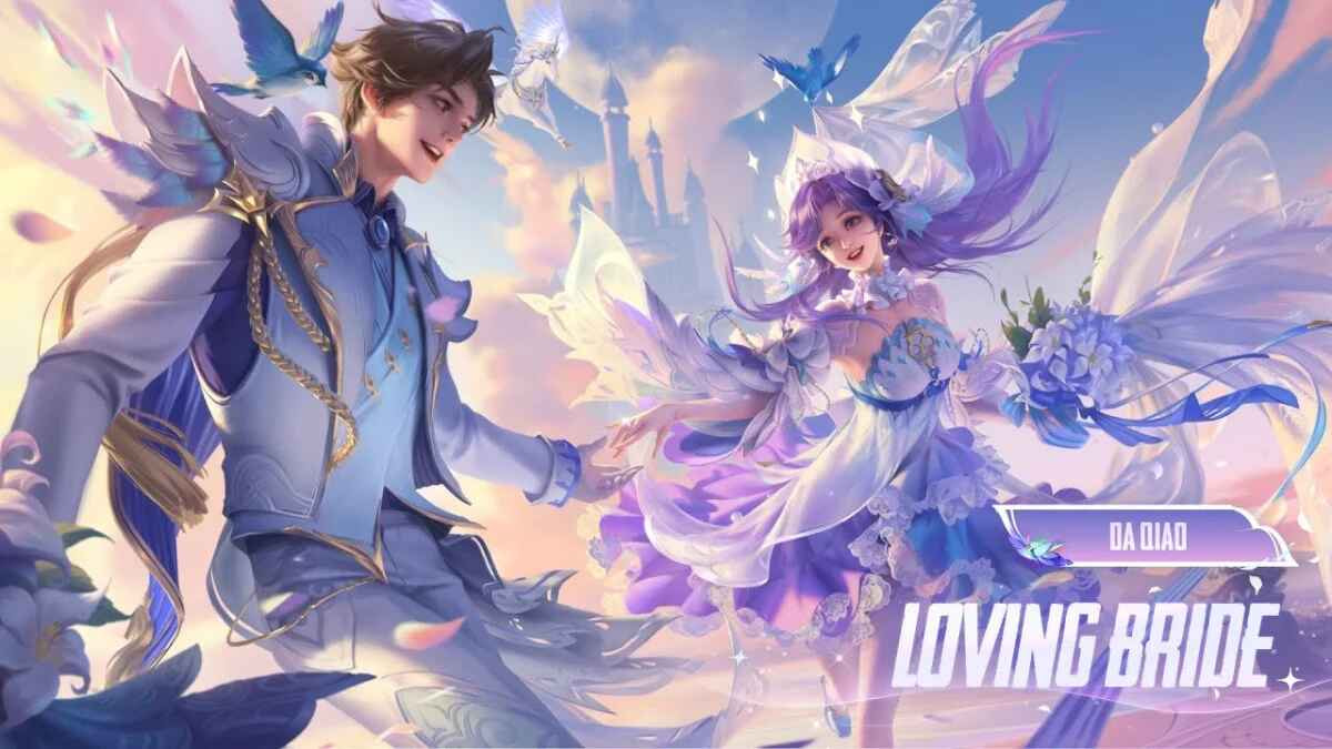 Skin Da Qiao Loving Bride di Honor of Kings dengan desain gaun pengantin putih megah, aksen emas, dan efek visual yang romantis.