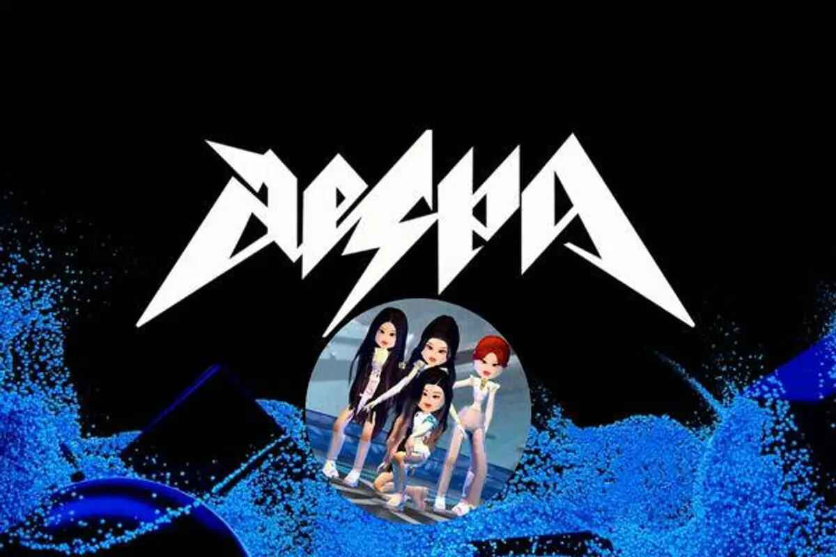 Ilustrasi konser virtual AESPA di Roblox The Block, dengan avatar pemain menari di tengah panggung digital berlampu neon, menampilkan suasana interaktif dan penuh warna.
