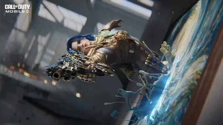 Senjata RAM-7 Mythic Call of Duty Mobile dengan desain futuristik dan efek cahaya spektakuler di medan pertempuran