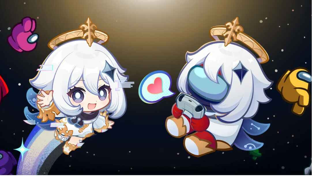 Ilustrasi kolaborasi Genshin Impact dan Among Us dengan karakter Paimon sebagai crewmate di dalam pesawat luar angkasa, lengkap dengan skin karakter Genshin dan latar map bertema Mondstadt.