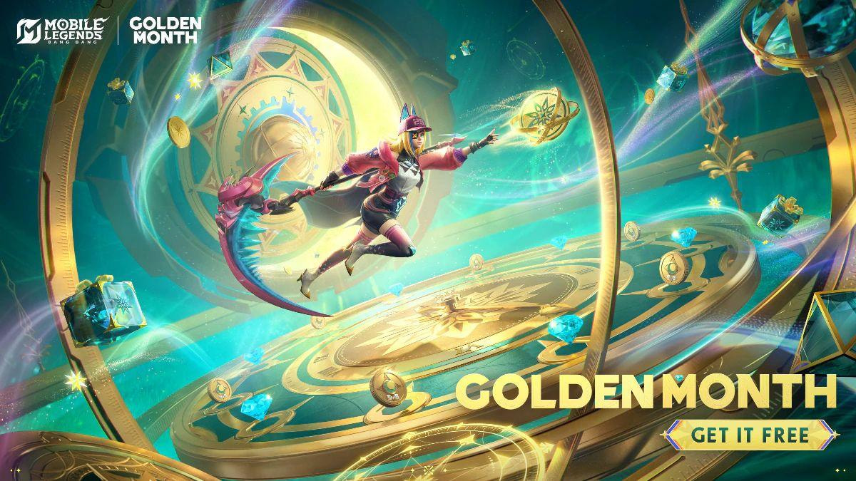 Banner Golden Month MLBB 2025 dengan berbagai hadiah menarik, diskon besar, dan event spesial untuk pemain Mobile Legends