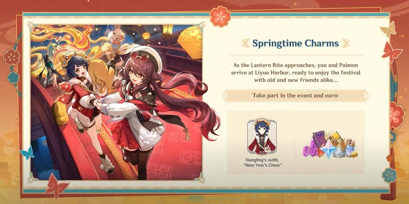 Ilustrasi suasana festival Lantern Rite 2025 di Liyue dengan tema Springtime Charms di Genshin Impact