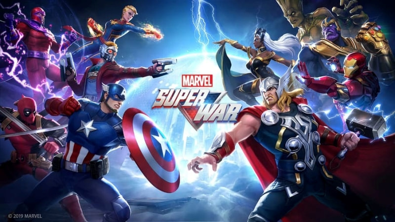 Ilustrasi 10 hero terbaik Marvel Super War seperti Captain America, Quicksilver, Thanos, dan Scarlet Witch siap bertarung di arena MOBA 5v5