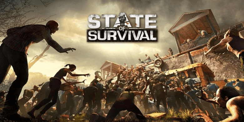 Gameplay State of Survival dengan pertempuran melawan zombie, pembangunan markas, dan karakter unik dalam dunia pasca-apokaliptik.