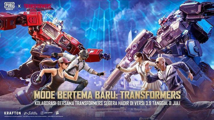 Karakter Optimus Prime dan Megatron berdiri di tengah medan tempur PUBG Mobile dengan latar belakang map Erangel yang futuristik dari update versi 3.9.
