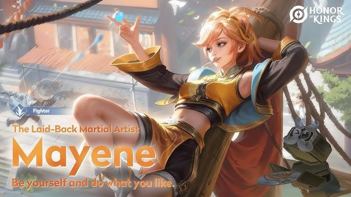 Mayene Honor of Kings sedang bertarung di medan Clash Lane dengan gaya bertarung akrobatik yang cepat dan agresif.