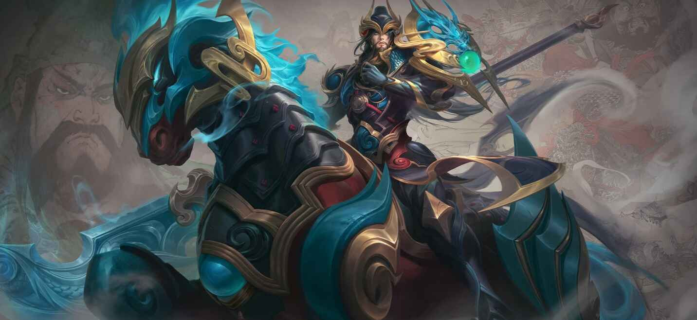 Guan Yu Hero Fighter Honor of Kings dengan pedang dan efek skill Charge Stance sedang beraksi di medan tempur Land of Dawn