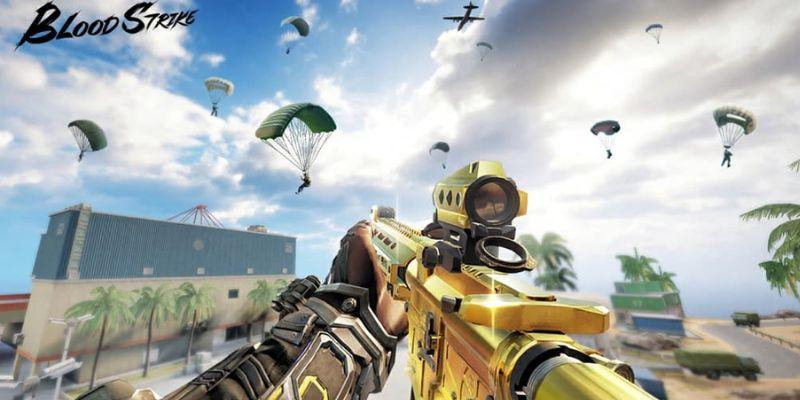 Ilustrasi pertempuran intens di dalam game Blood Strike dengan karakter FPS bersenjata lengkap siap bertempur dalam suasana urban combat.