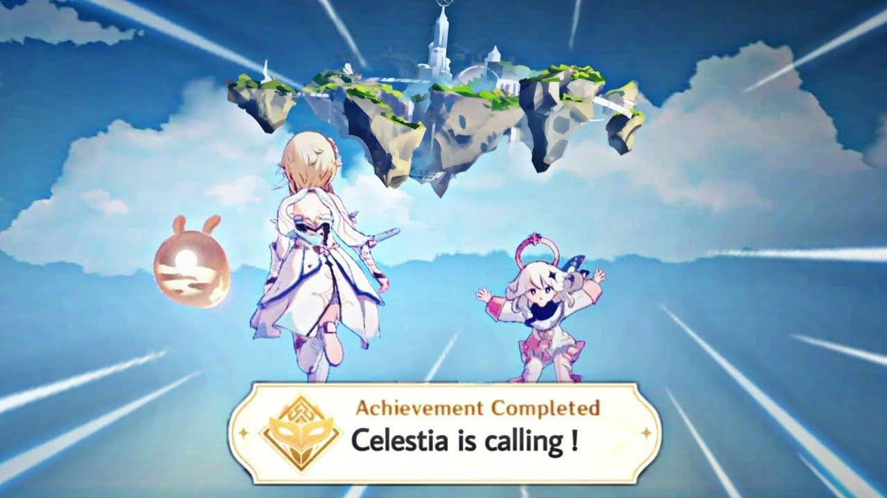 Pemandangan Celestia, pulau terapung misterius di langit Teyvat dari game Genshin Impact, dilihat dari puncak tertinggi Mondstadt saat senja.