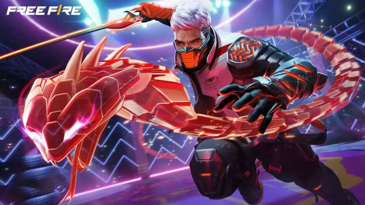 Bundle Cobra Free Fire 2025 dengan desain futuristik dan pilihan warna eksklusif merah, biru, kuning, dan ungu, lengkap dengan animasi dan emote Cobra Strike.