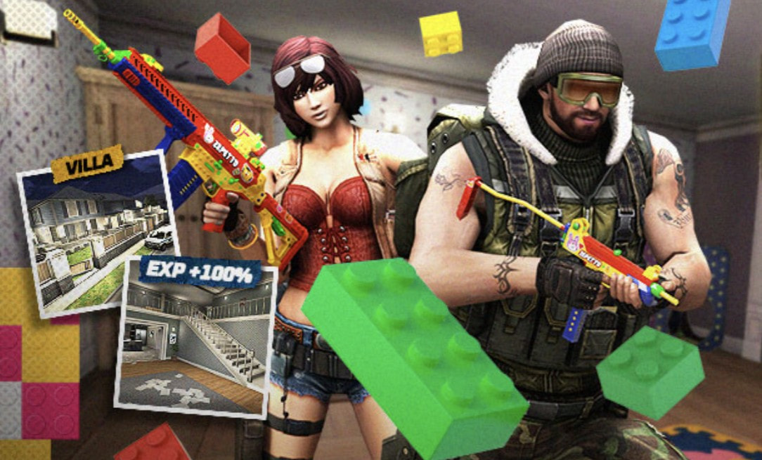 Tampilan gameplay map Bomb Mission Villa di Point Blank dengan senjata Noveske N4 Gold, menampilkan suasana pertempuran intens di area rumah mewah bergaya Eropa.